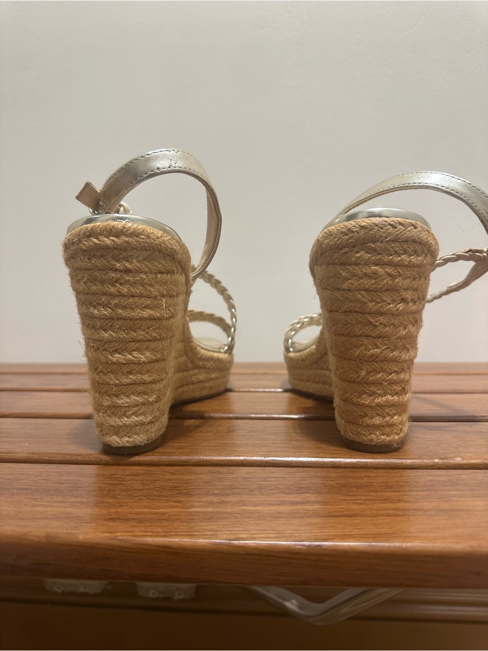 Nine West Braided Metallic Silver and Beige Wedge Sandals - Picture 4 of 8